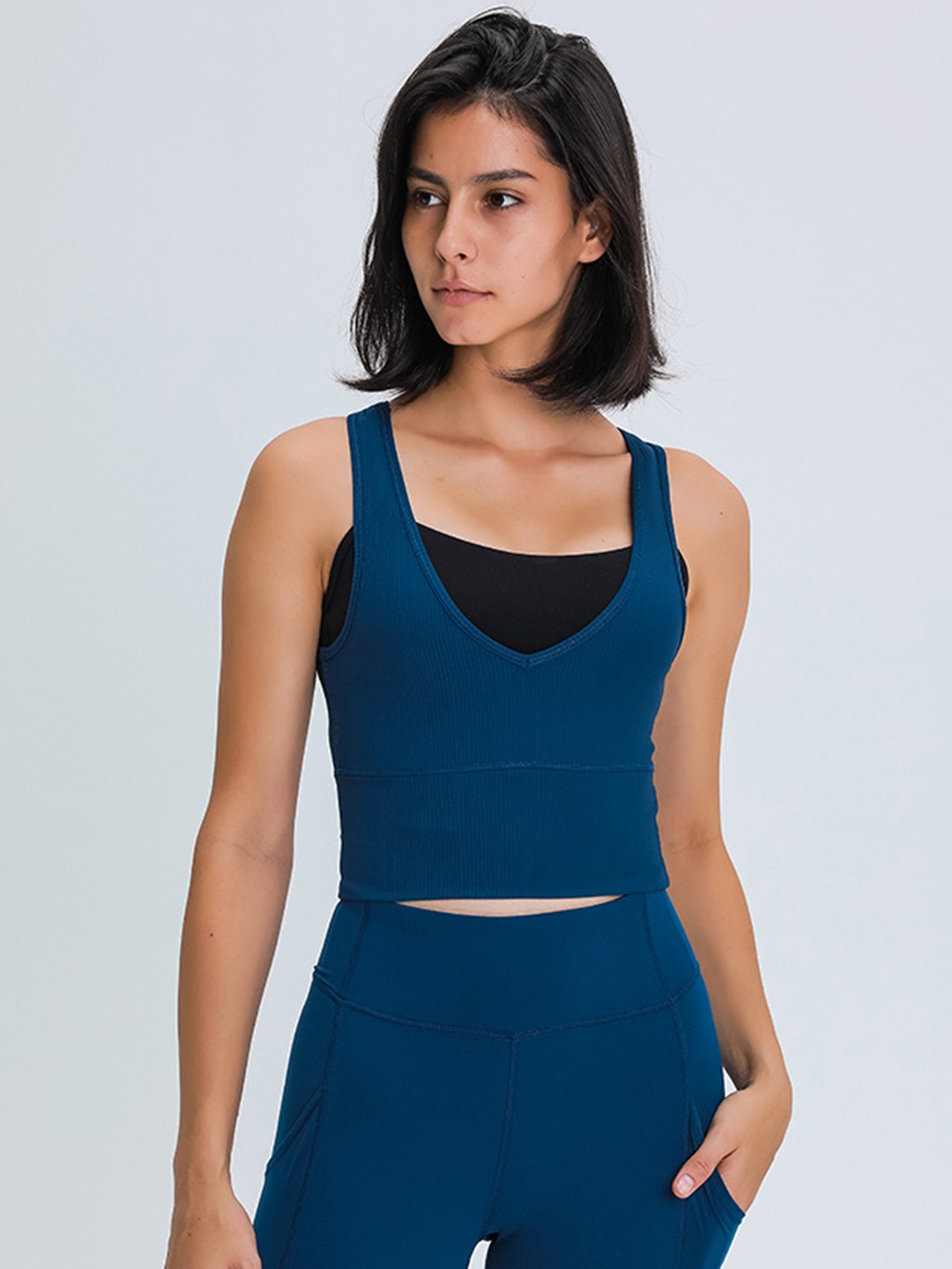 

URBANIC Teal Blue Solid Cropped Fitted Top