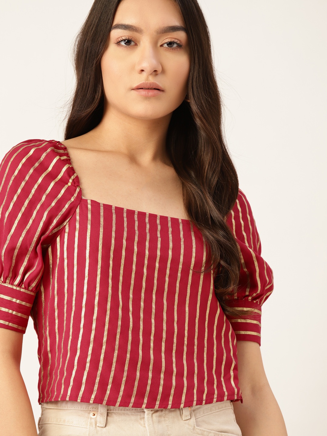 

DressBerry Maroon & White Striped Foil Print Regular Top