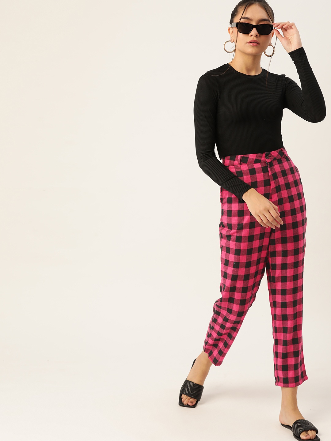 

DressBerry Women Pink & Black Pure Cotton Checked High-Rise Cropped Trousers