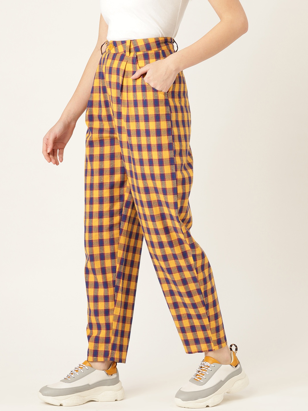 

DressBerry Women Yellow Checked Loose Fit Pleated Trousers