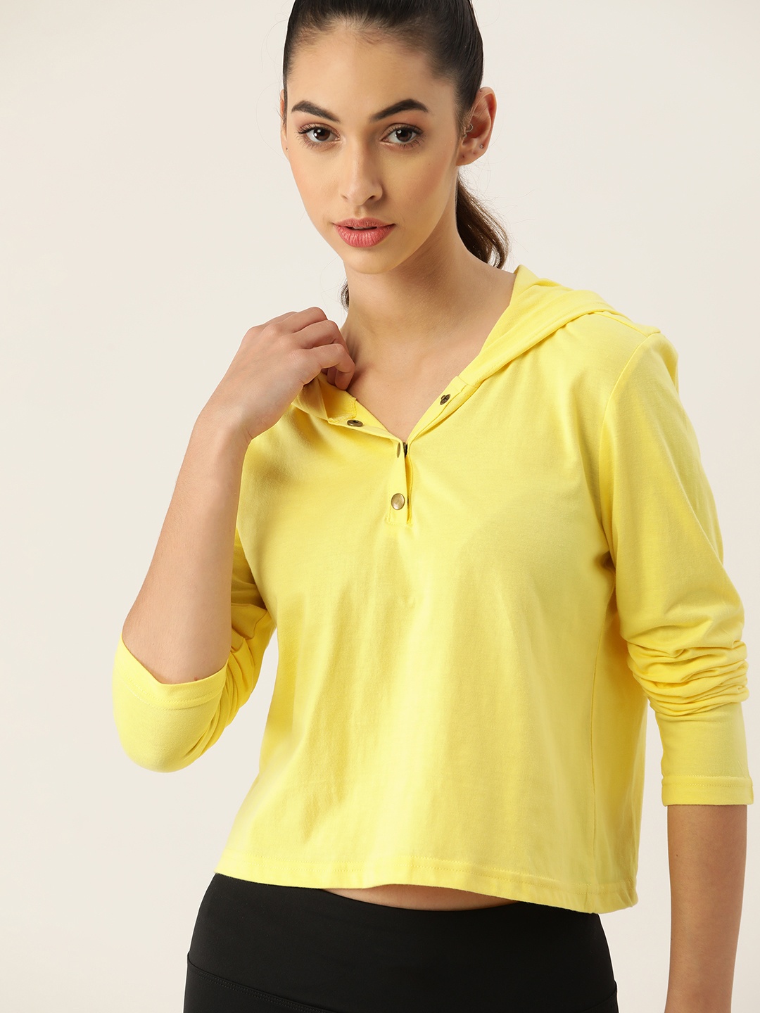

DressBerry Women Yellow Solid Hooded T-shirt