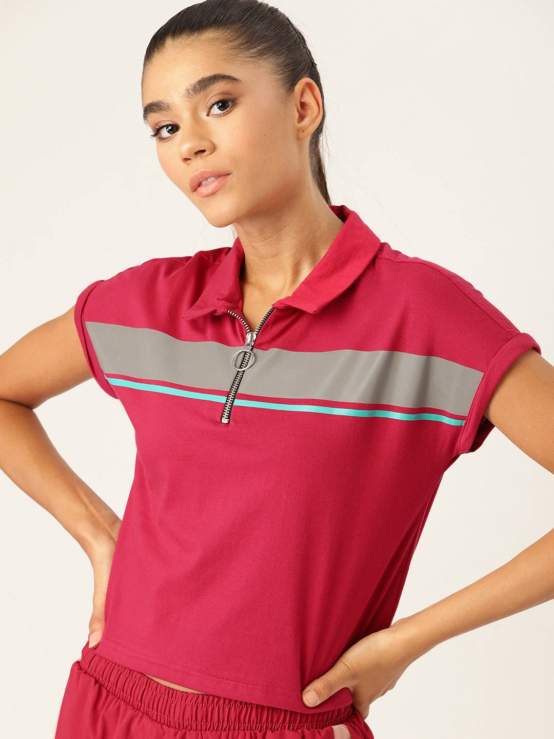 

DressBerry Women Pink & Grey Pure Cotton Striped Polo Collar T-shirt