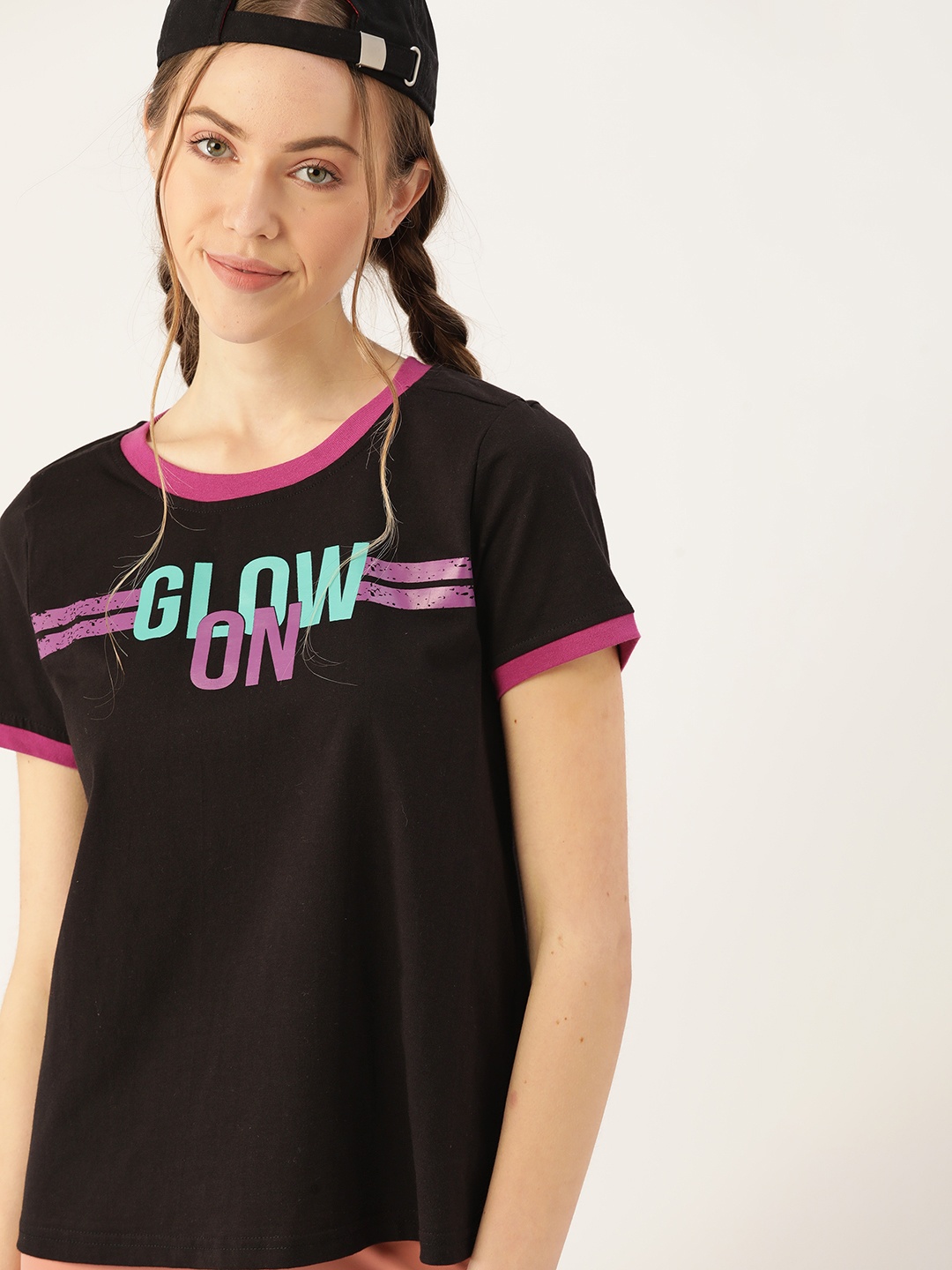 

DressBerry Women Black & Purple Pure Cotton Typography Printed T-shirt