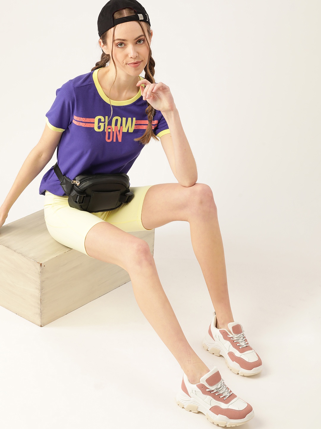 

DressBerry Women Purple & Yellow Pure Cotton Typography Printed T-shirt
