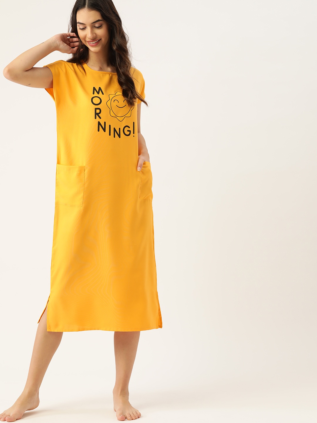 

DressBerry Women Mustard Yellow & Navy Blue Printed Nightdress