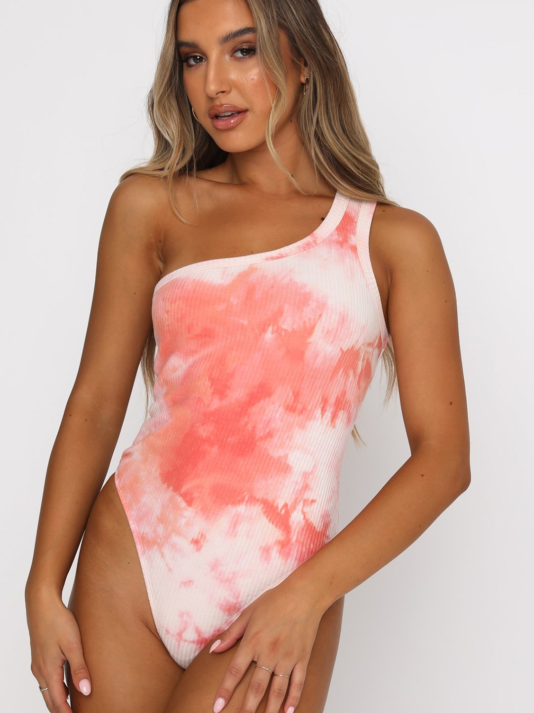 

URBANIC Women White & Coral Orange Dyed Slim Fit Cotton Bodysuit