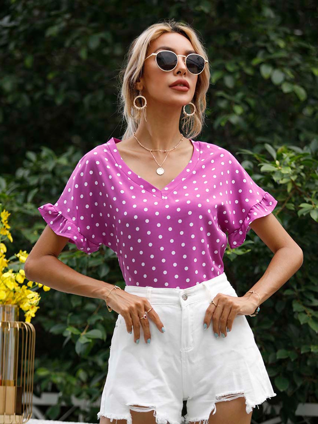 

URBANIC Purple & White Polka Dot Print Extended Sleeves Regular Top
