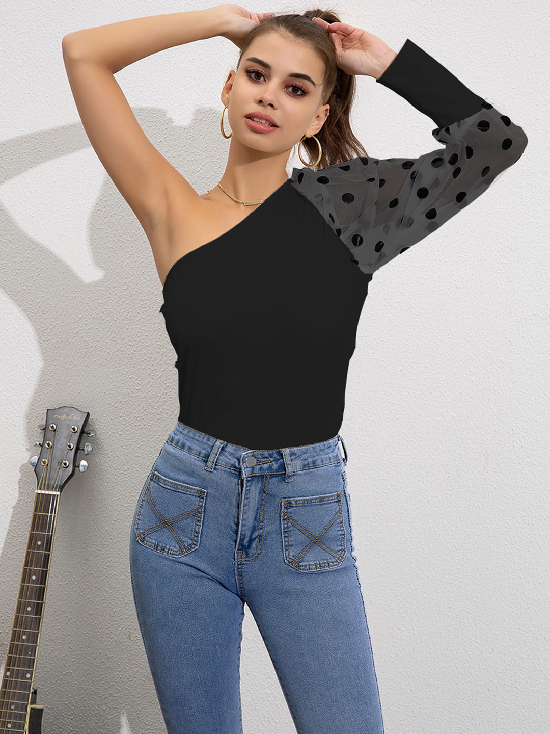 

URBANIC Black & Grey One-Shoulder Puff Sleeves Fitted Top