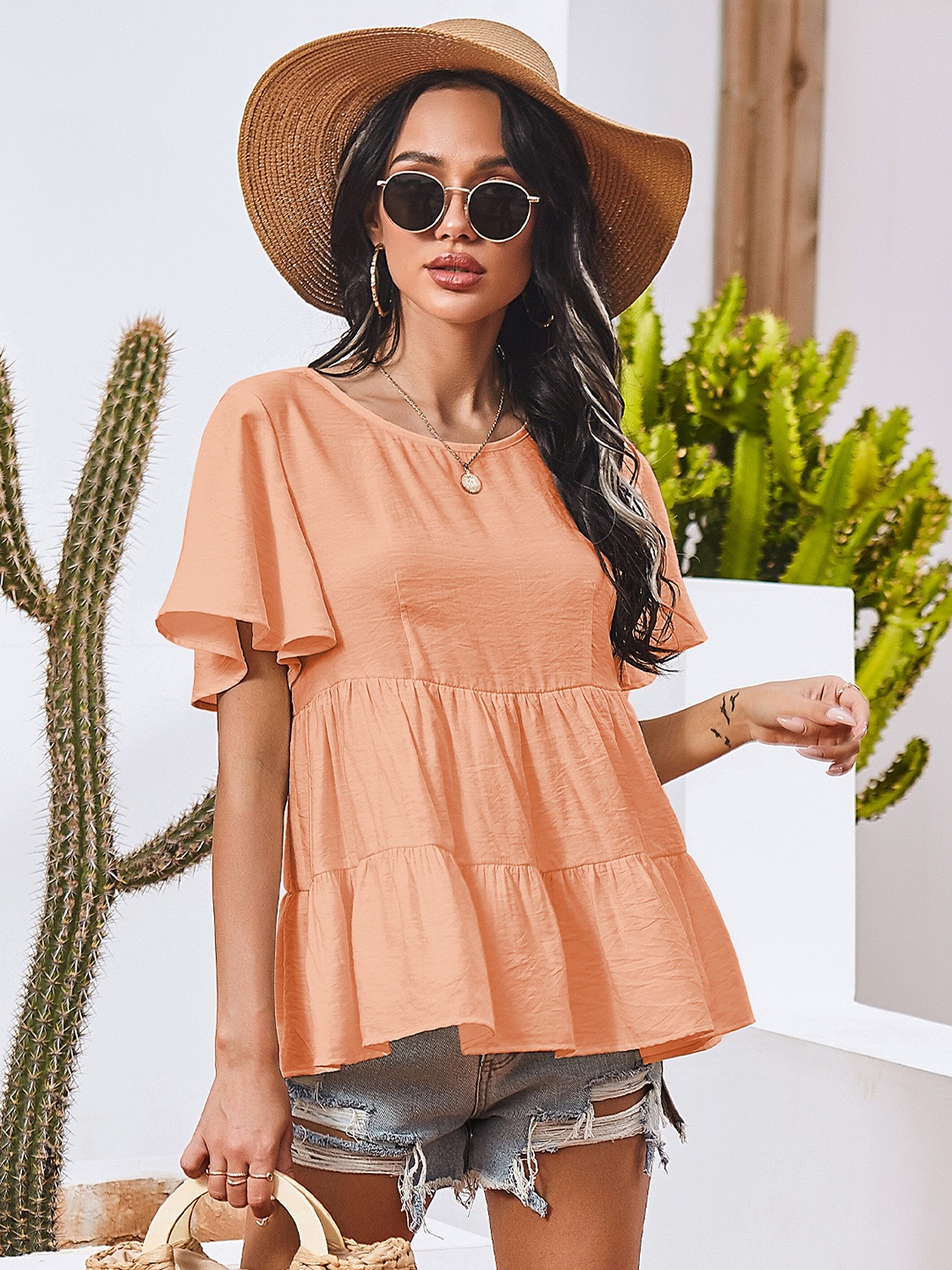 

URBANIC Peach-Coloured Tiered A-Line Top