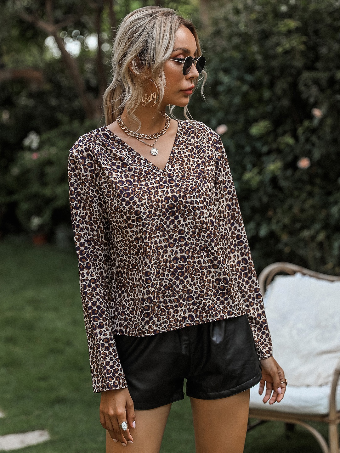

URBANIC Beige & Olive Green Animal Print Top