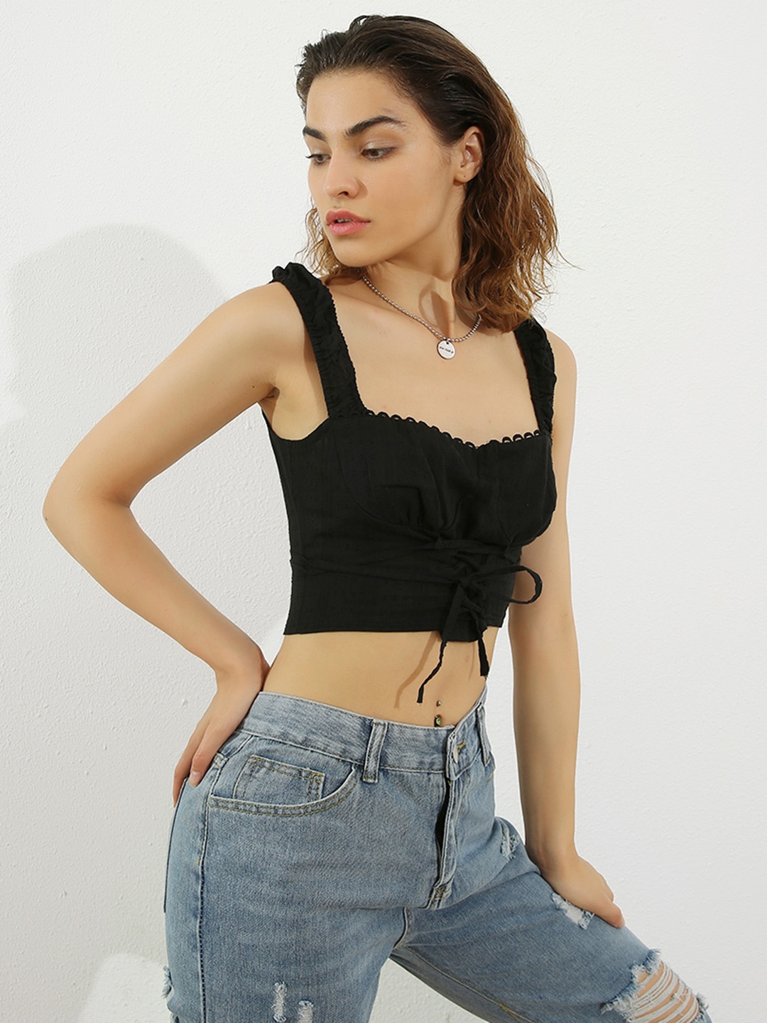 

URBANIC Black Self-Design Fitted Crop Top