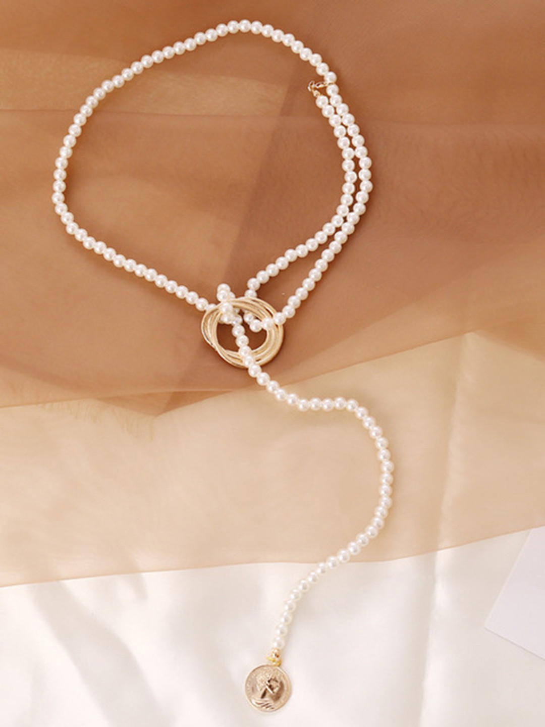 

URBANIC Off-White & Gold-Toned Beaded Lariat Necklace