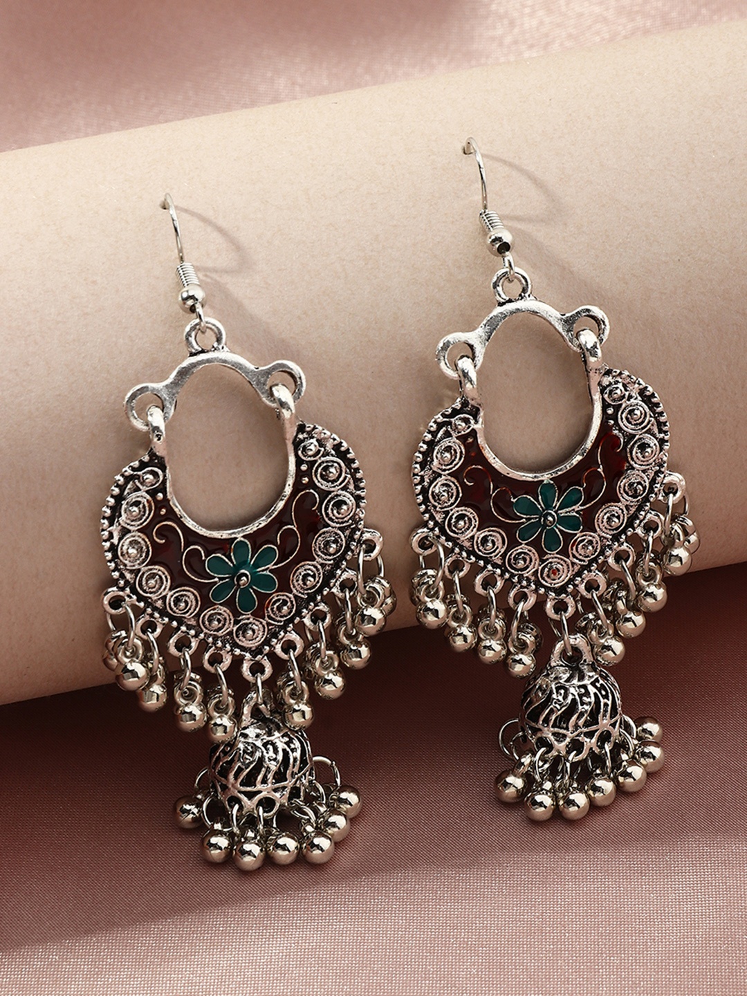 

URBANIC Silver-Toned & Brown Contemporary Jhumkas Earrings