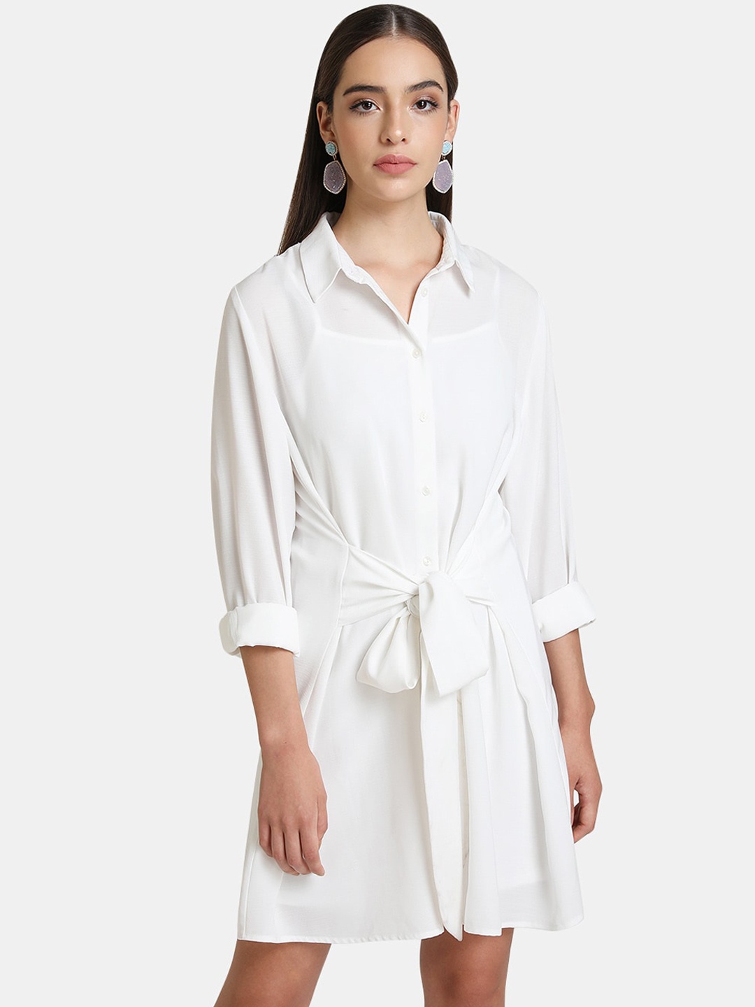 

Kazo White Solid Shirt Dress with Flared Hem