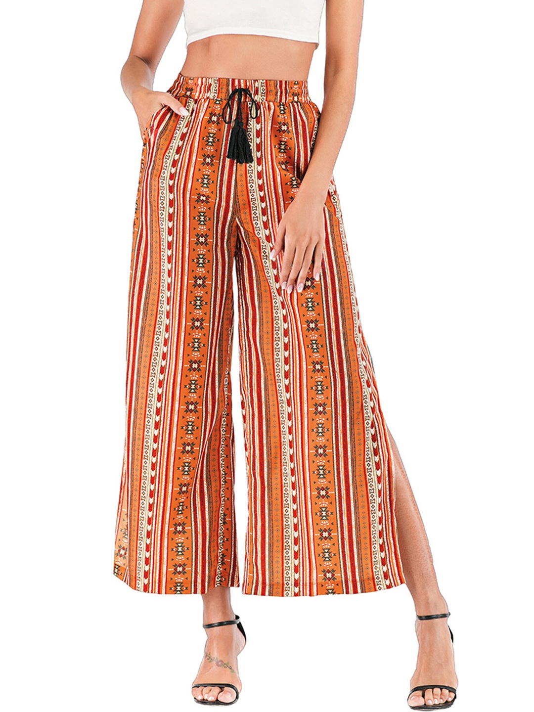 

URBANIC Women Orange Geometric Print Relaxed Fit Cropped Parallel Trousers with Slit