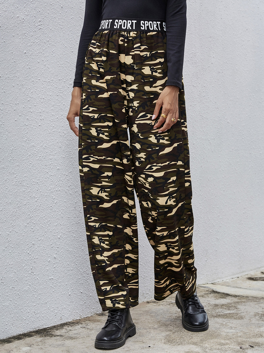 

URBANIC Women Olive Green & Brown Camouflage Print Relaxed Fit High-Rise Parallel Trousers