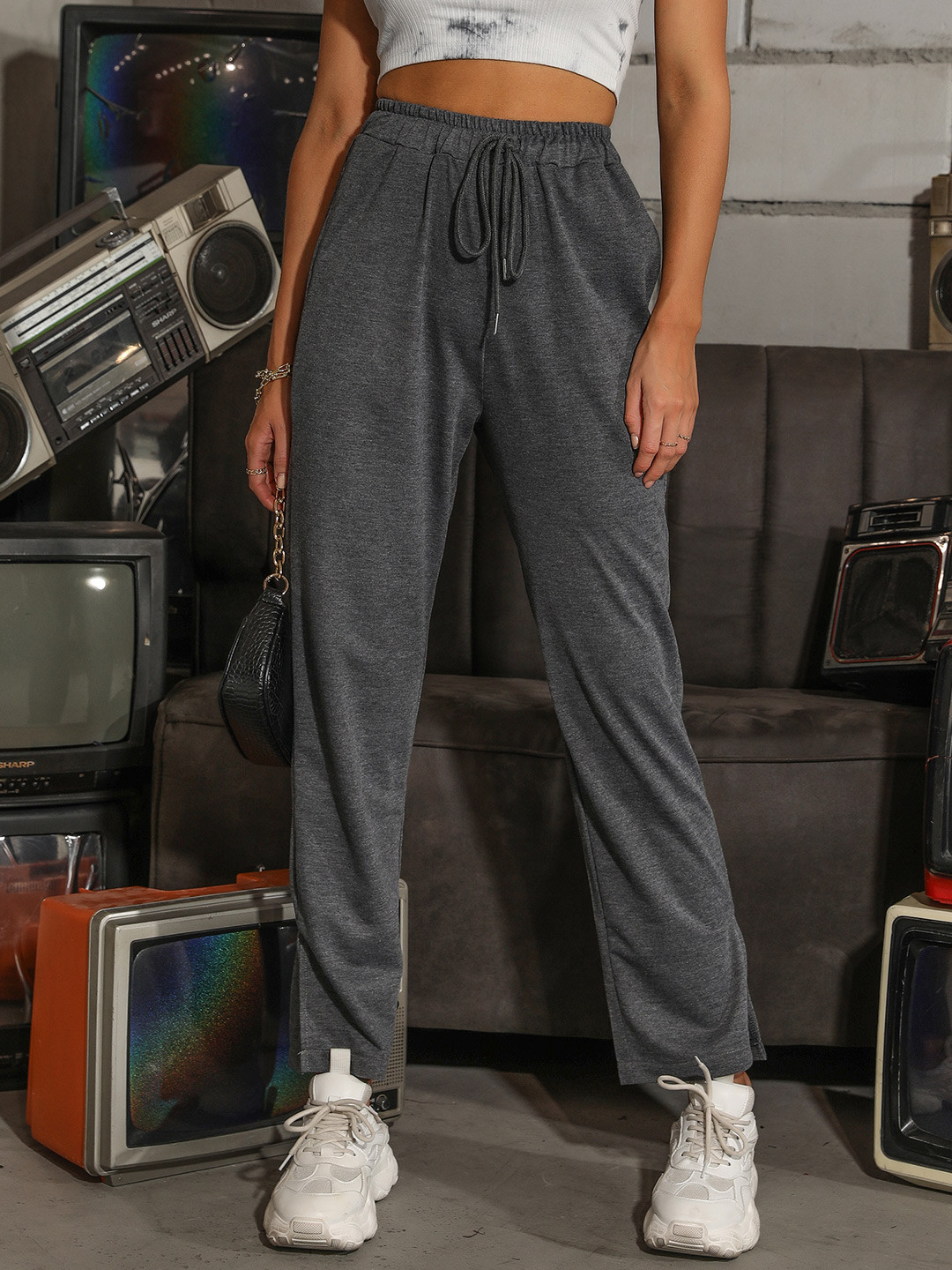 

URBANIC Women Charcoal Grey Solid Regular Fit Trousers