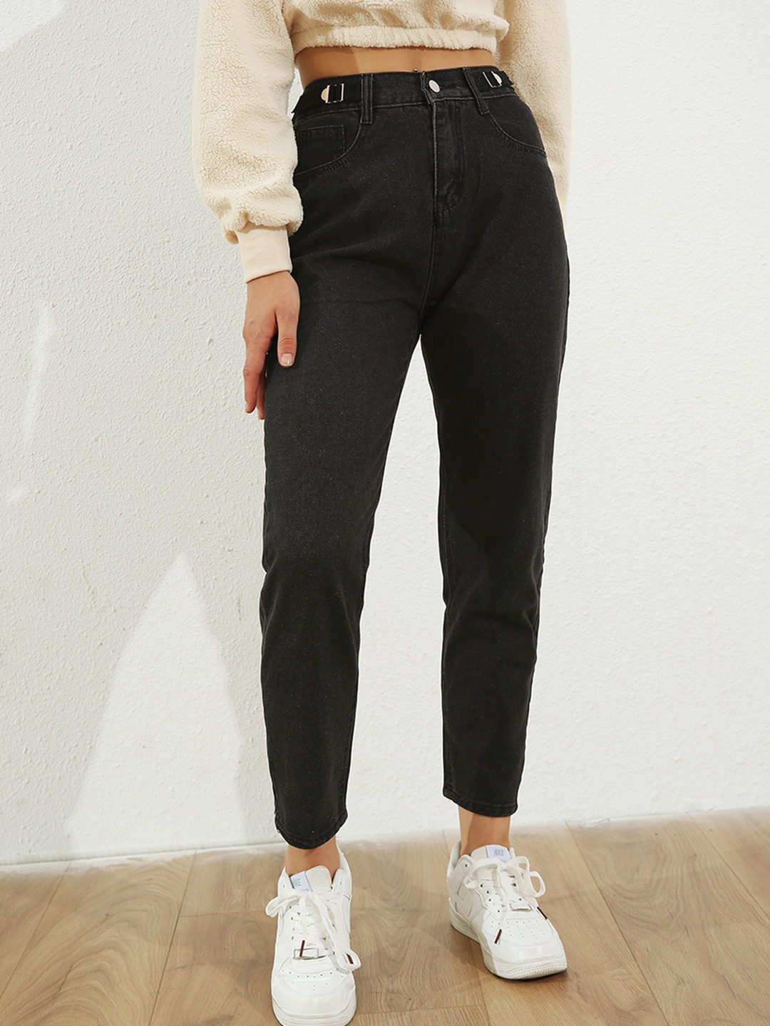 

URBANIC Women Charcoal Grey High-Rise Waist Tab Straight Leg Jeans