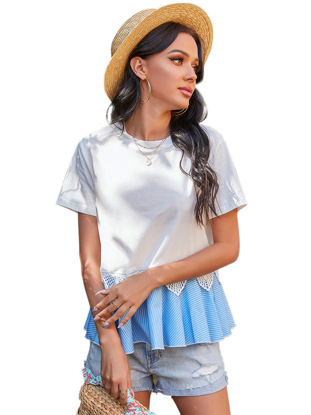 

URBANIC White & Blue Cotton Solid A-Line Top with Striped Detail
