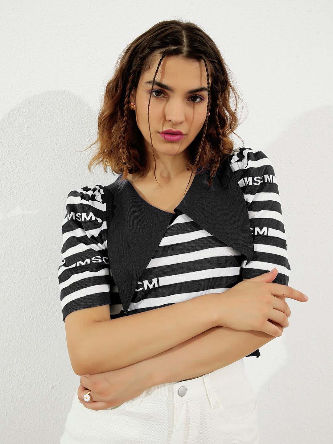 

URBANIC Black & White Striped Pointed Collar Top