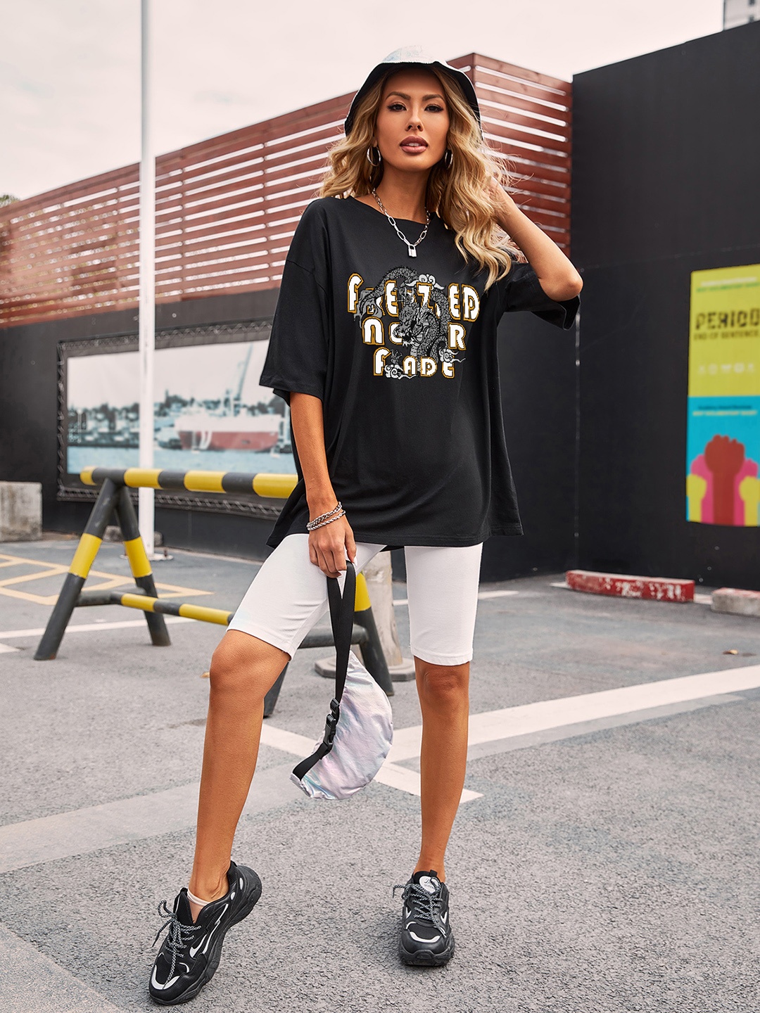 

URBANIC Women Black Typography Printed Cotton Drop-Shoulder Sleeves Applique T-shirt