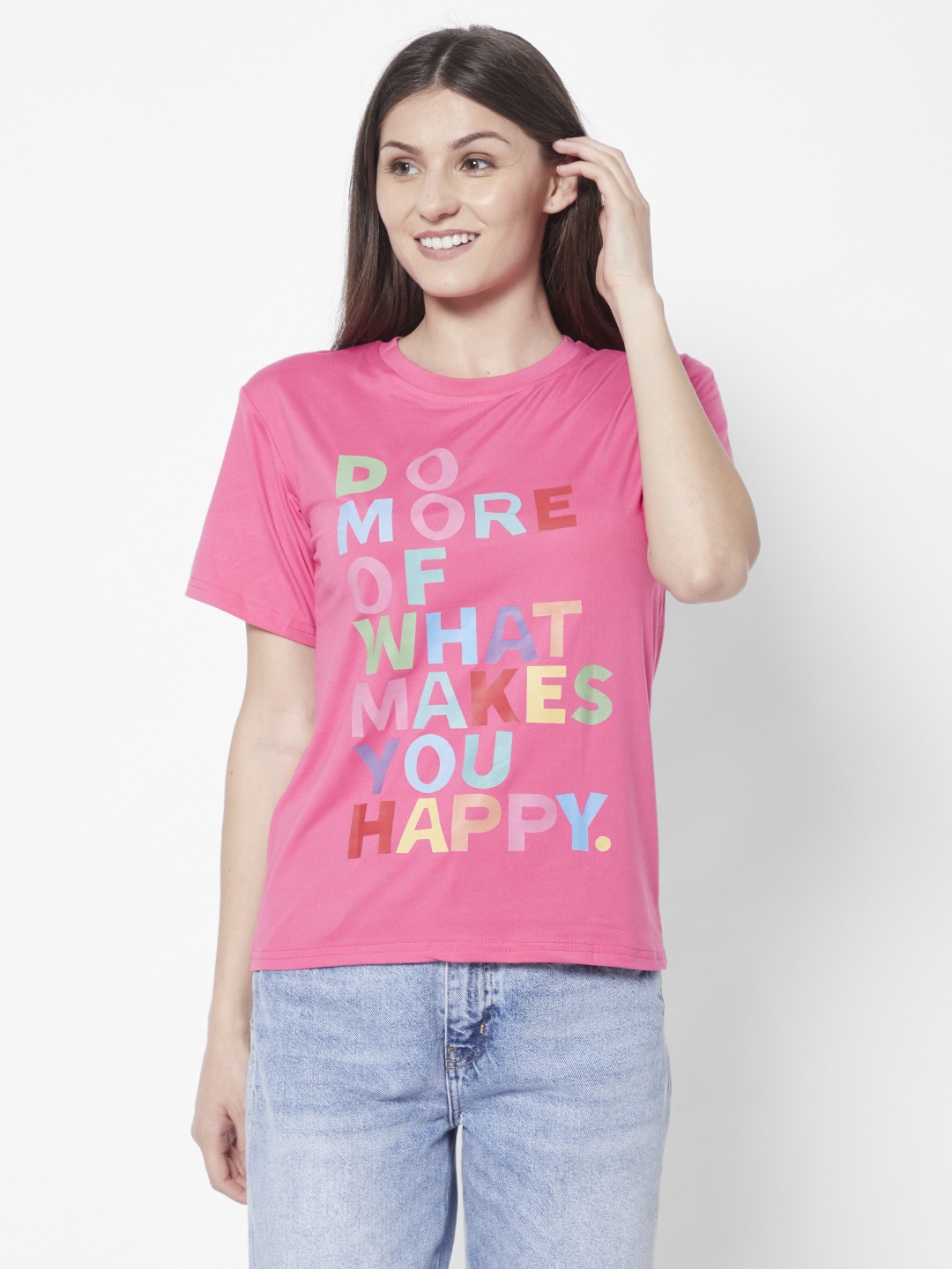 

URBANIC Women Pink Typography Printed Drop-Shoulder Sleeves T-shirt
