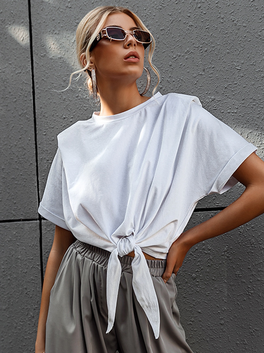 

URBANIC White Solid Cotton Extended Sleeves Extra Relaxed Fit Top with Tie-Up Detail