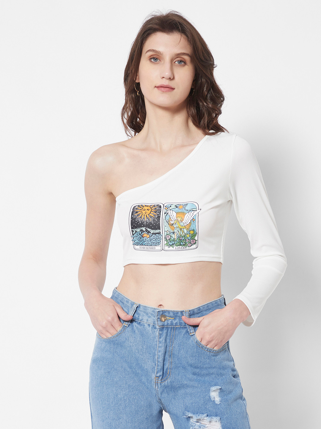 

URBANIC White Graphic Printed One Shoulder Crop Top
