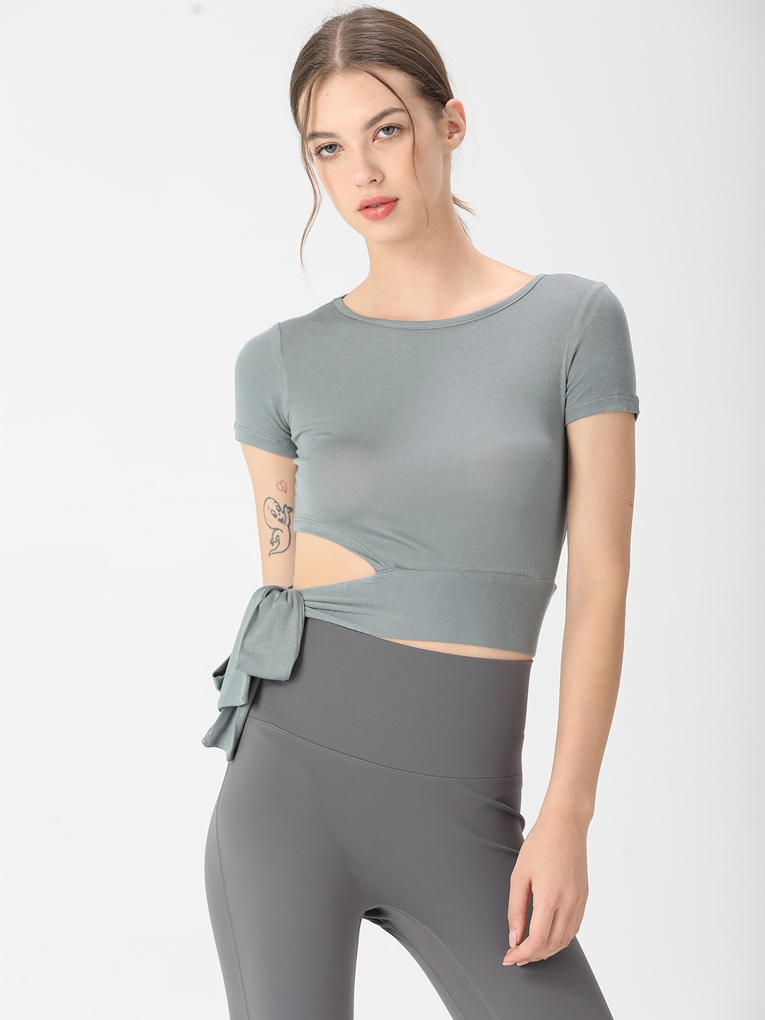 

URBANIC Grey Solid Sporty Crop Fitted Top with Tie-Up & Cut-Out Detail