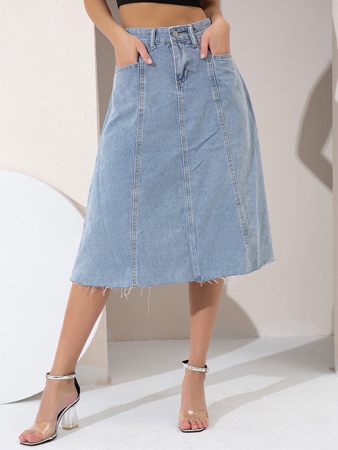 

URBANIC Women Blue Washed A-line Midi Denim Skirt