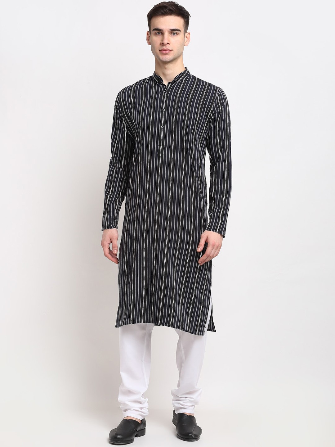 

Jompers Men Black and White Striped Pure Cotton Kurta with Churidar