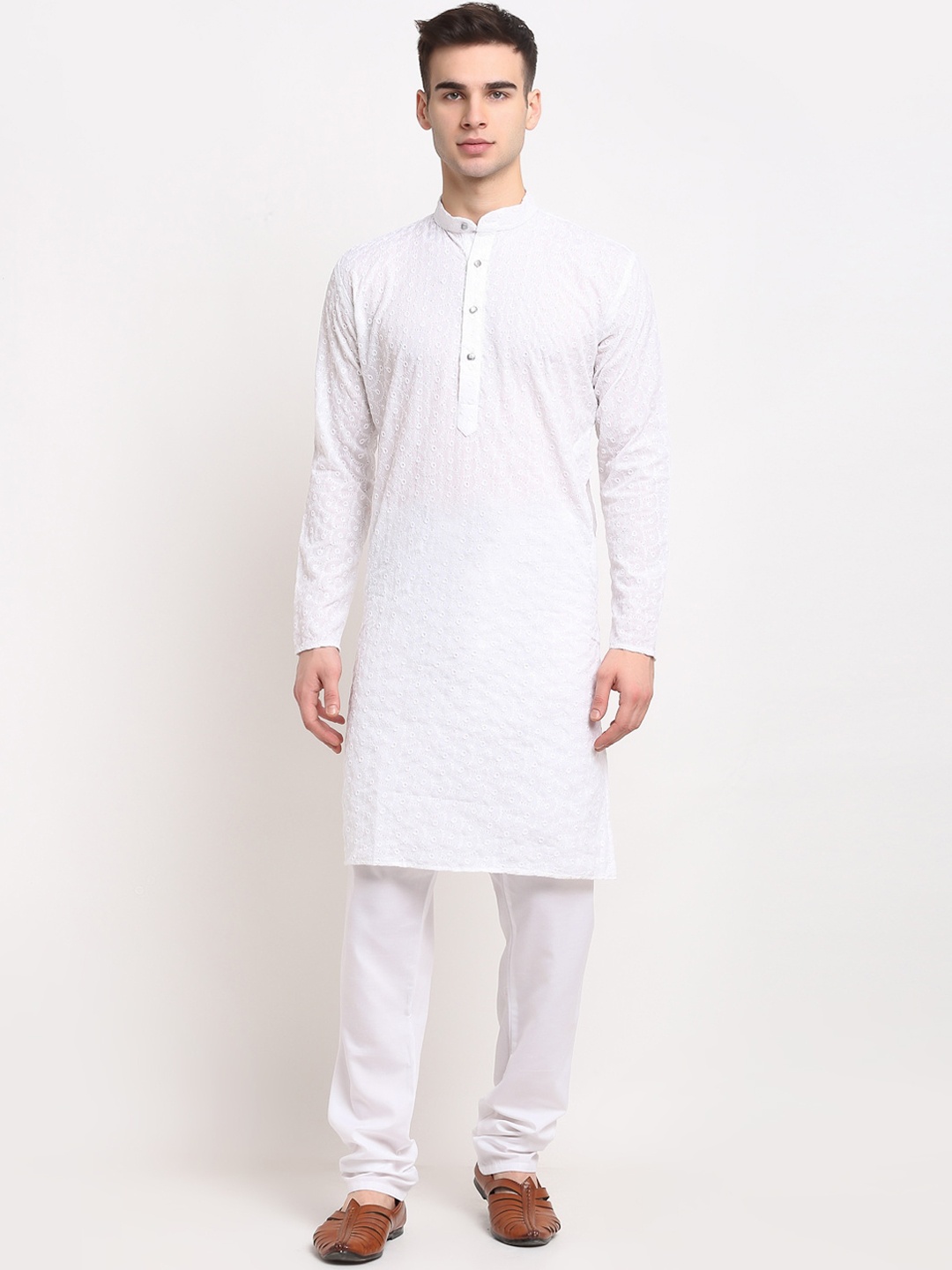 

Jompers Men White Regular Schiffli Pure Cotton Kurta with Churidar