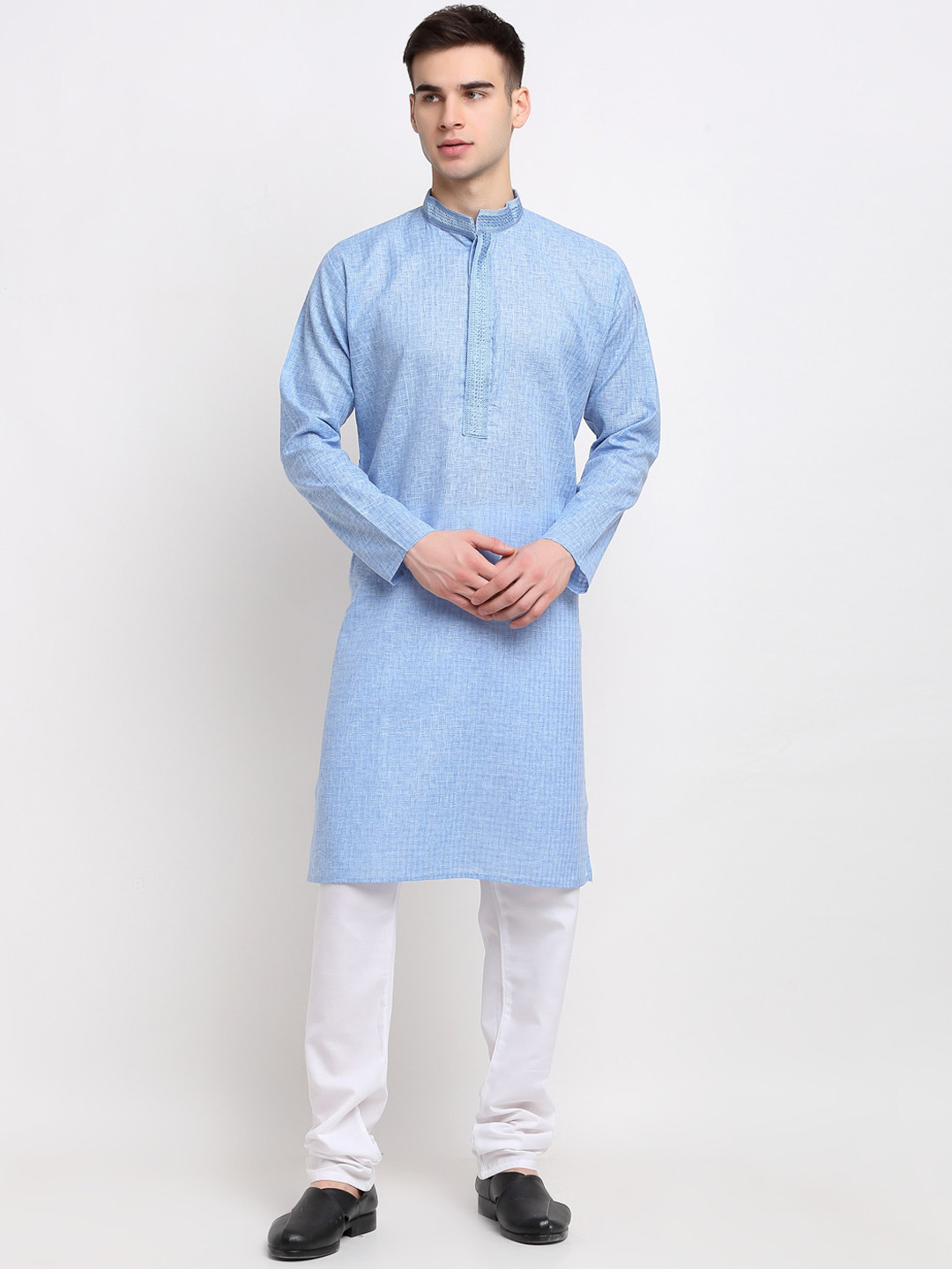

Jompers Men Turquoise Blue Solid Pure Cotton Kurta with Churidar
