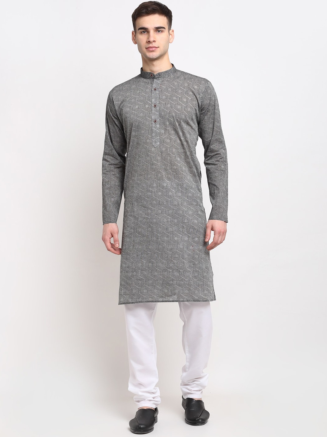 

Jompers Men Grey & White Printed Pure Cotton Kurta with Churidar