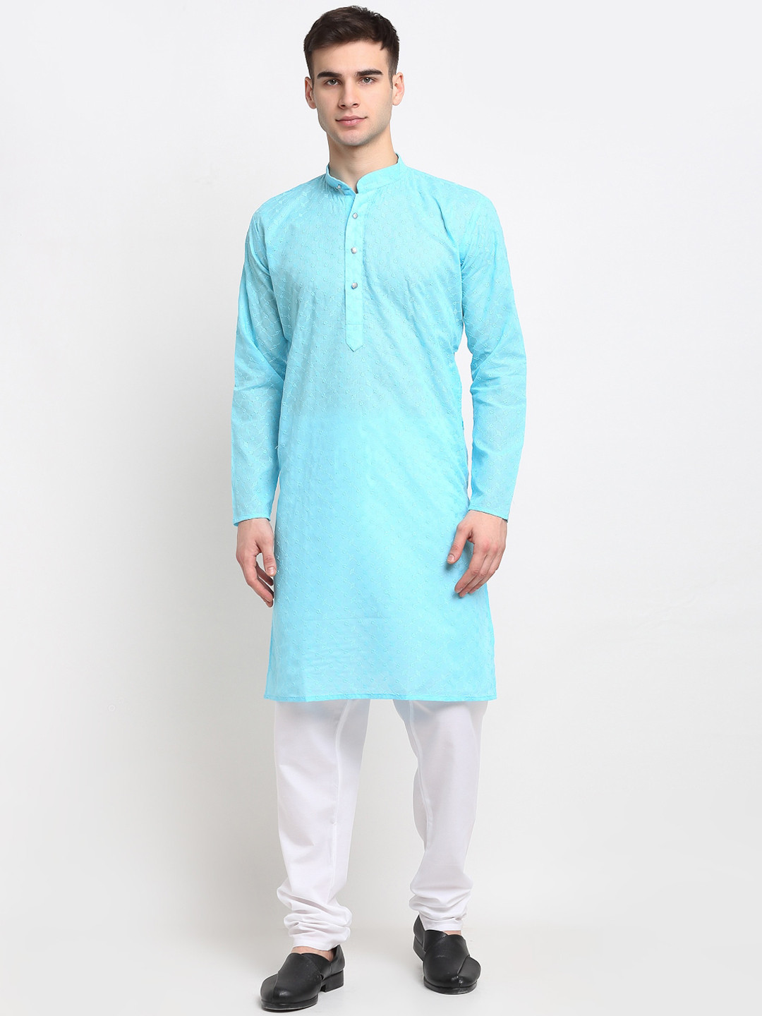 

Jompers Men Turquoise Blue & White Pure Cotton Kurta with Churidar