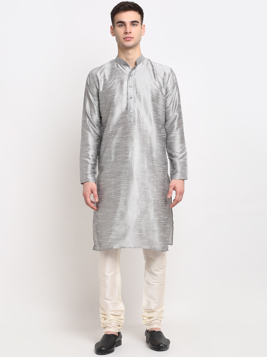 

Jompers Men Silver-Toned & White Dupion Silk Kurta with Churidar