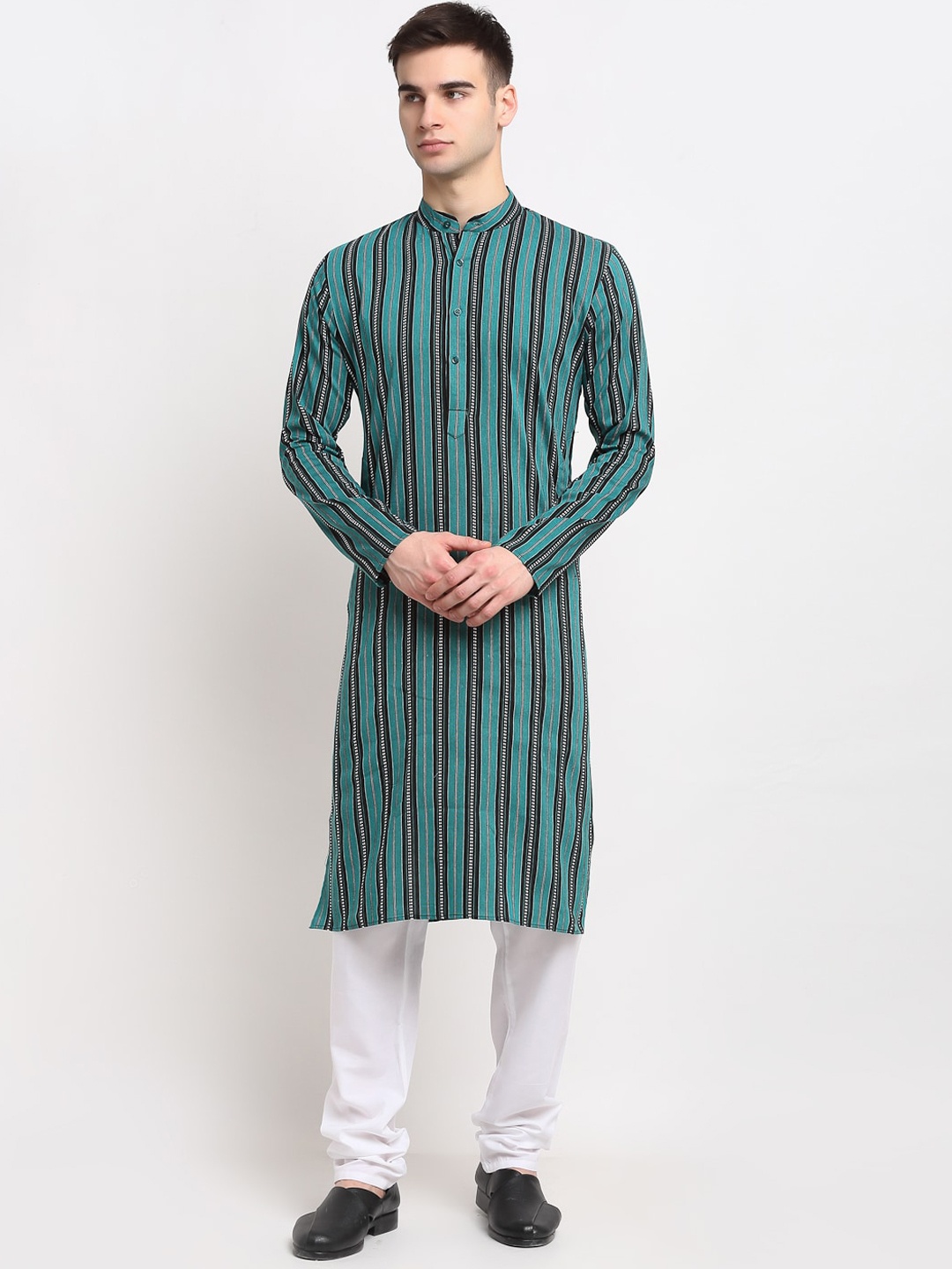 

Jompers Men Teal Blue & White Striped Pure Cotton Kurta with Churidar