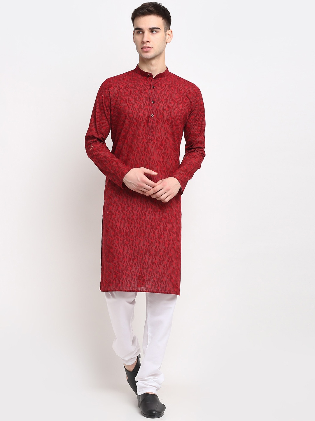 

Jompers Men Red & White Printed Pure Cotton Kurta with Churidar