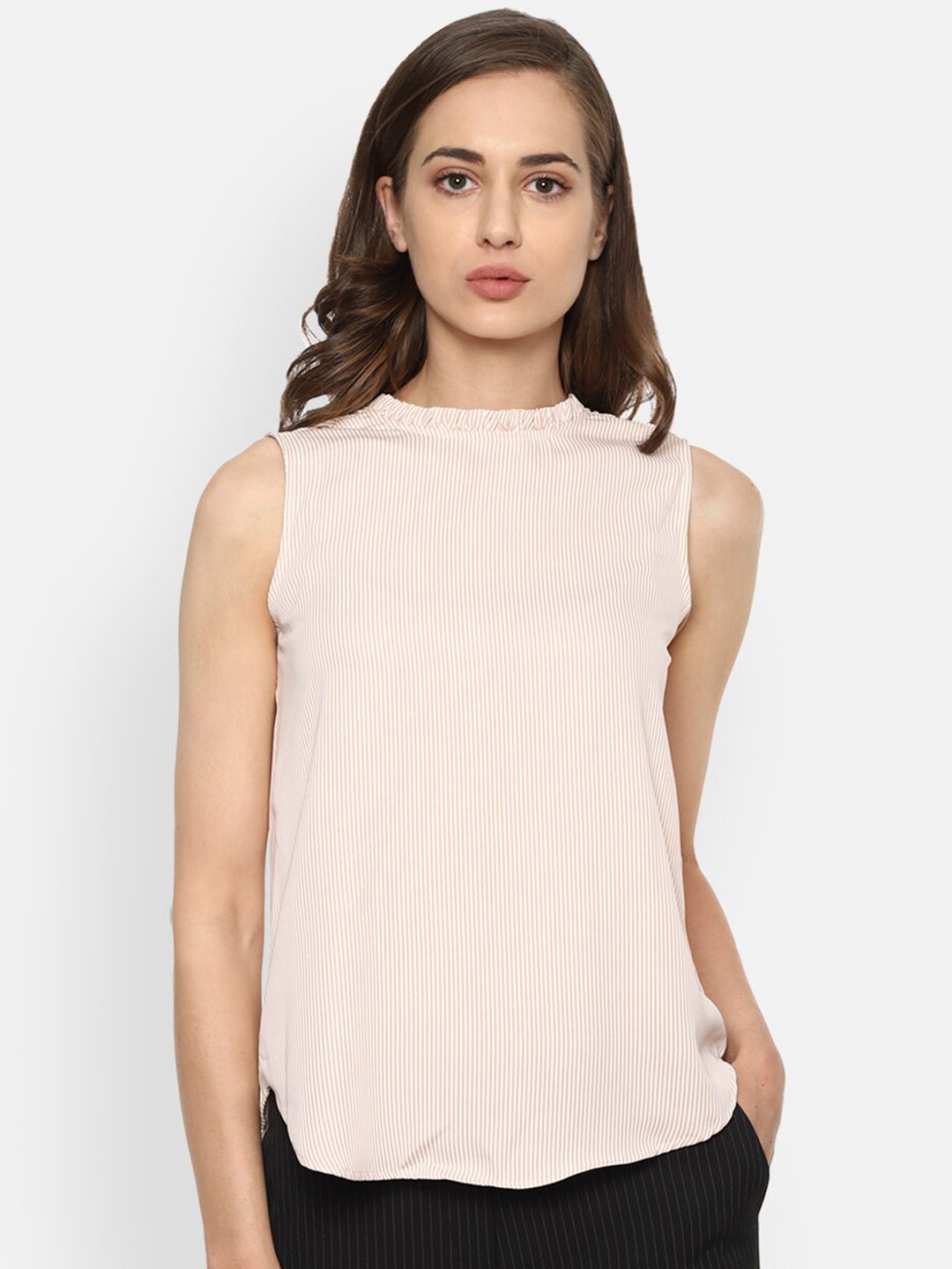 

Van Heusen Woman Peach-Coloured Striped Regular Top