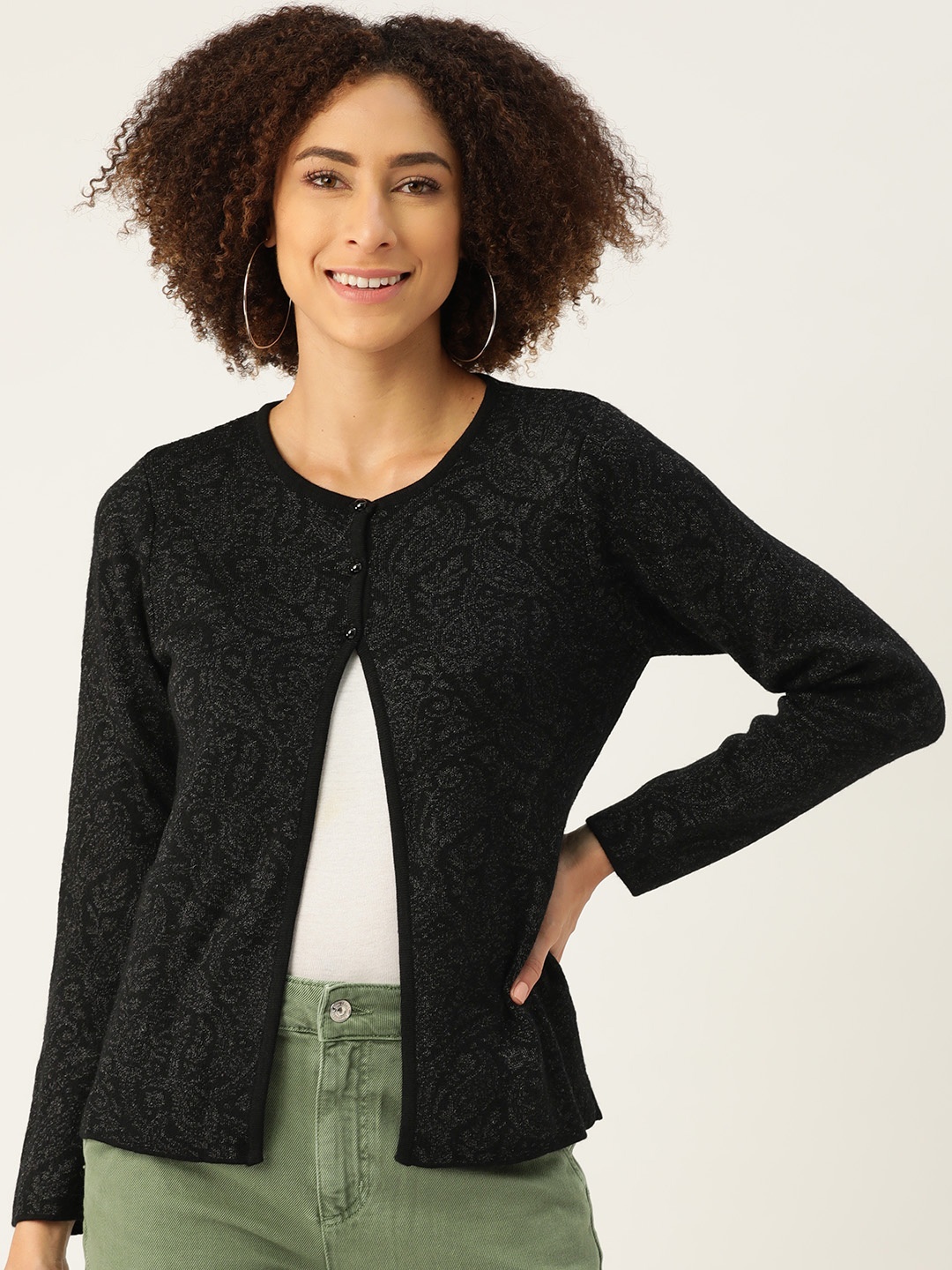 

Madame Women Black Self Design Floral Front-Open Sweater