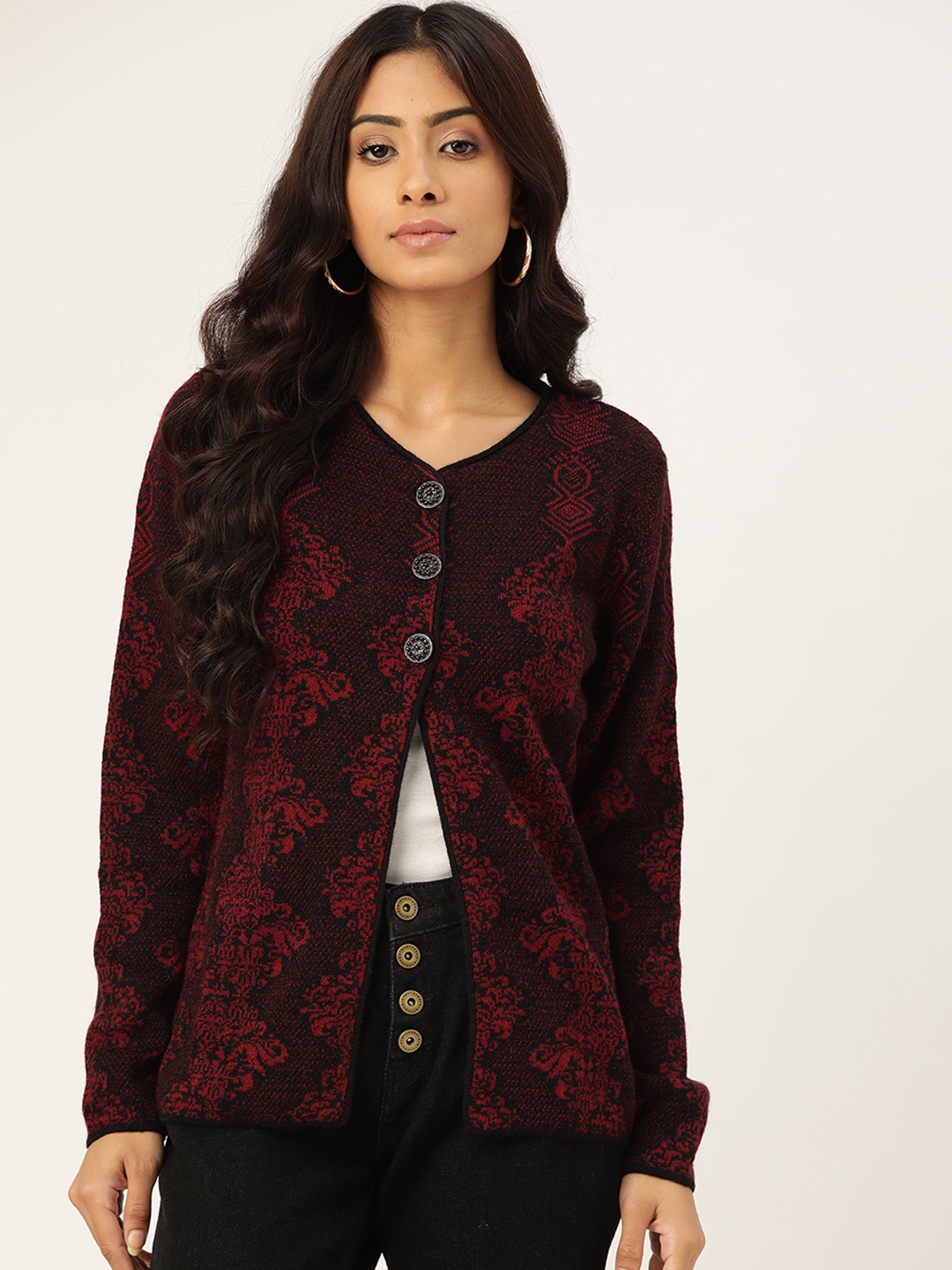 

Madame Women Maroon & Black Floral Cardigan