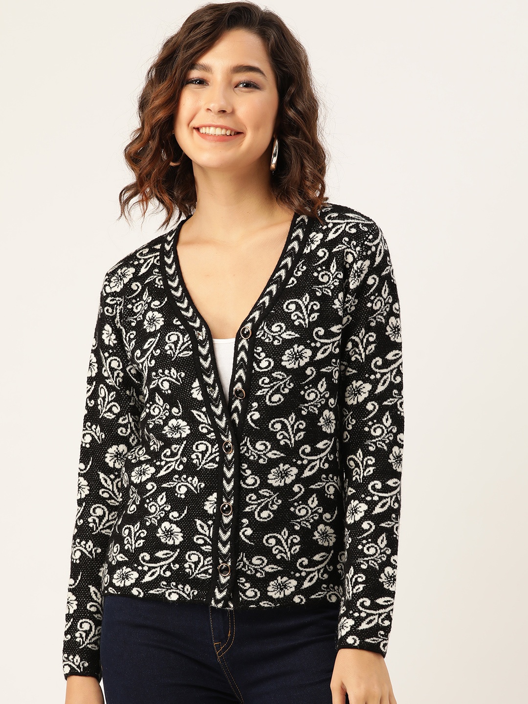 

Madame Women Black & White Ethnic Motifs Self Design Cardigan