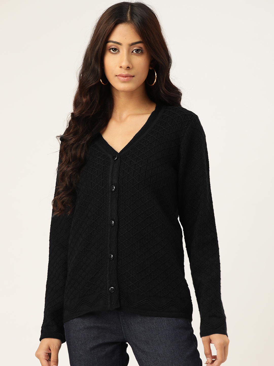

Madame Women Black Self Design Cardigan