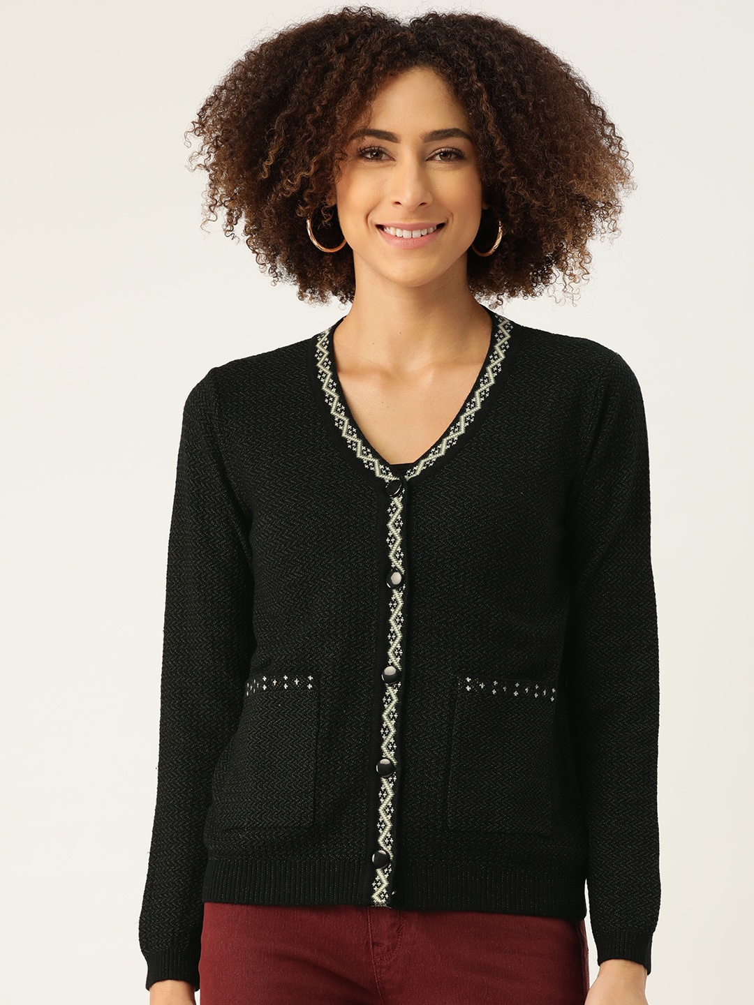 

Madame Women Black & White Self Designed Cardigan Sweater