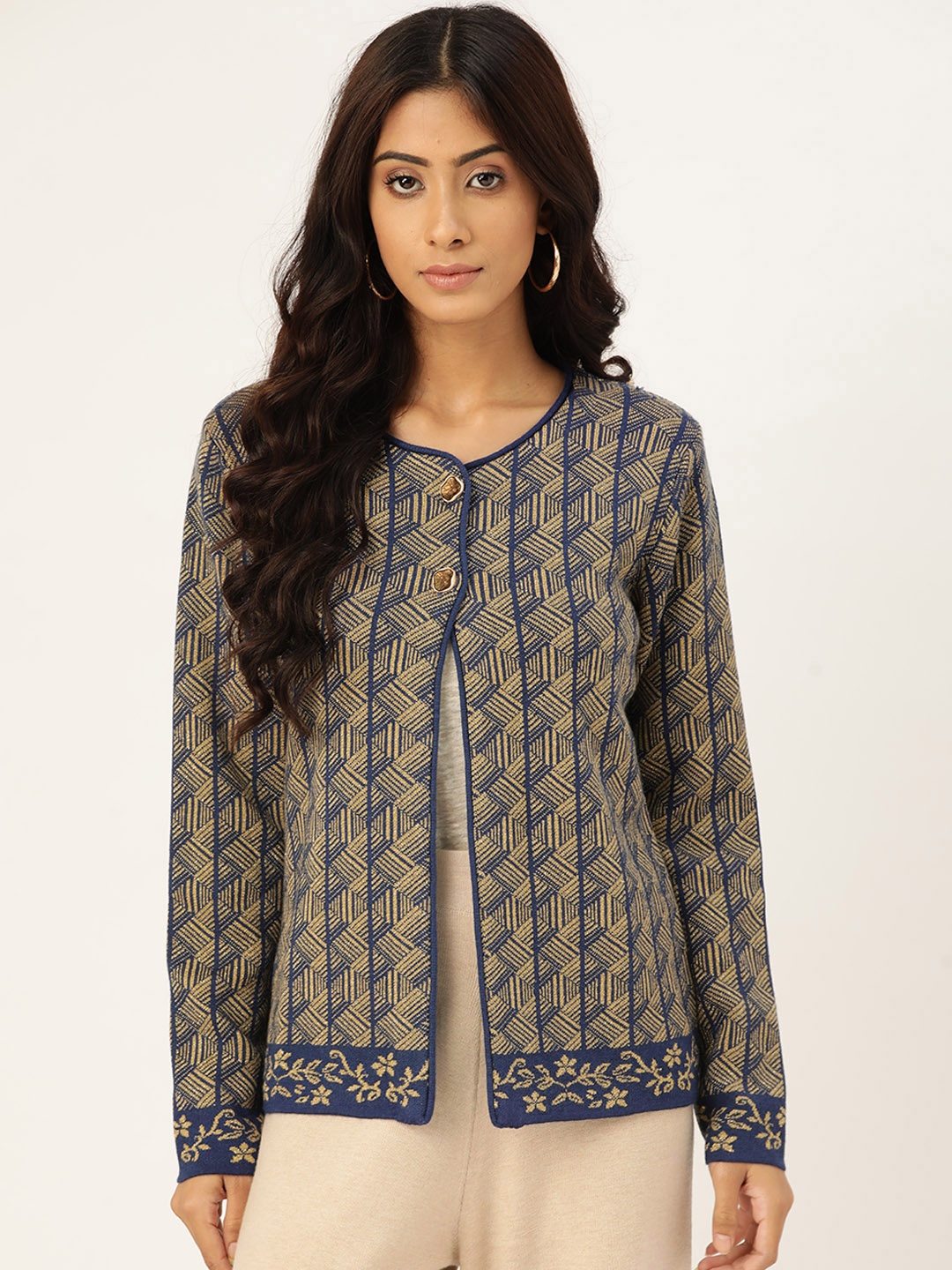 

Madame Women Blue & Beige Self-Design Cardigan