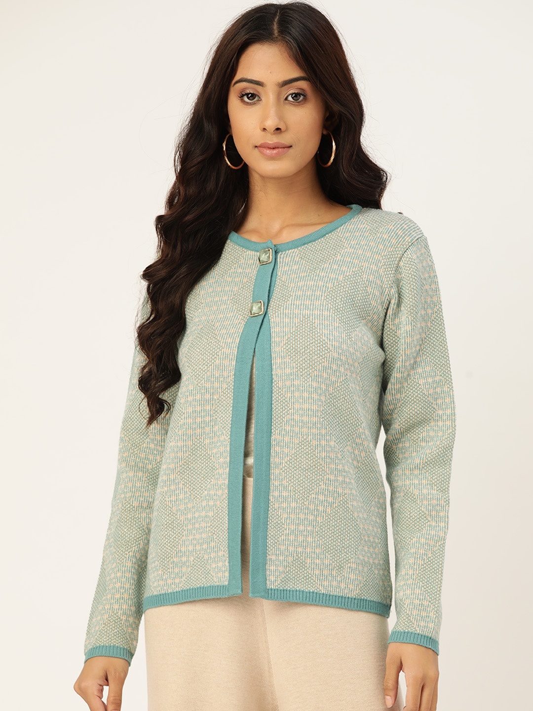 

Madame Women Green & Beige Self-Design Cardigan