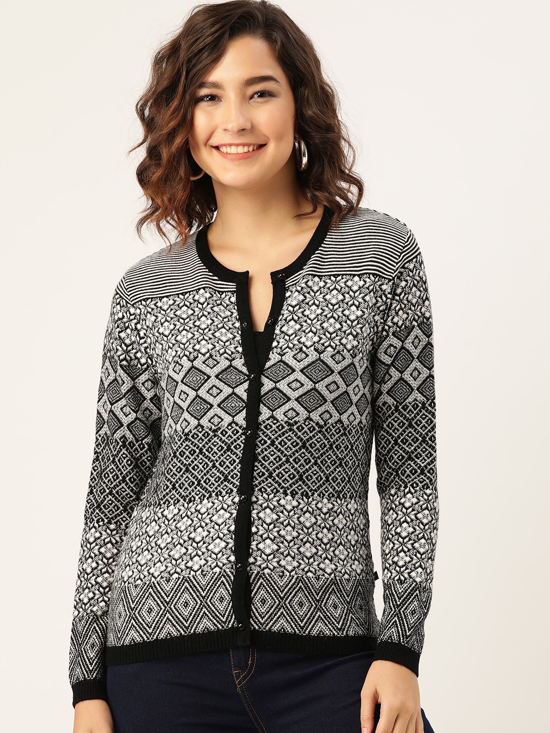 

Madame Women Black & White Fair Isle Cardigan