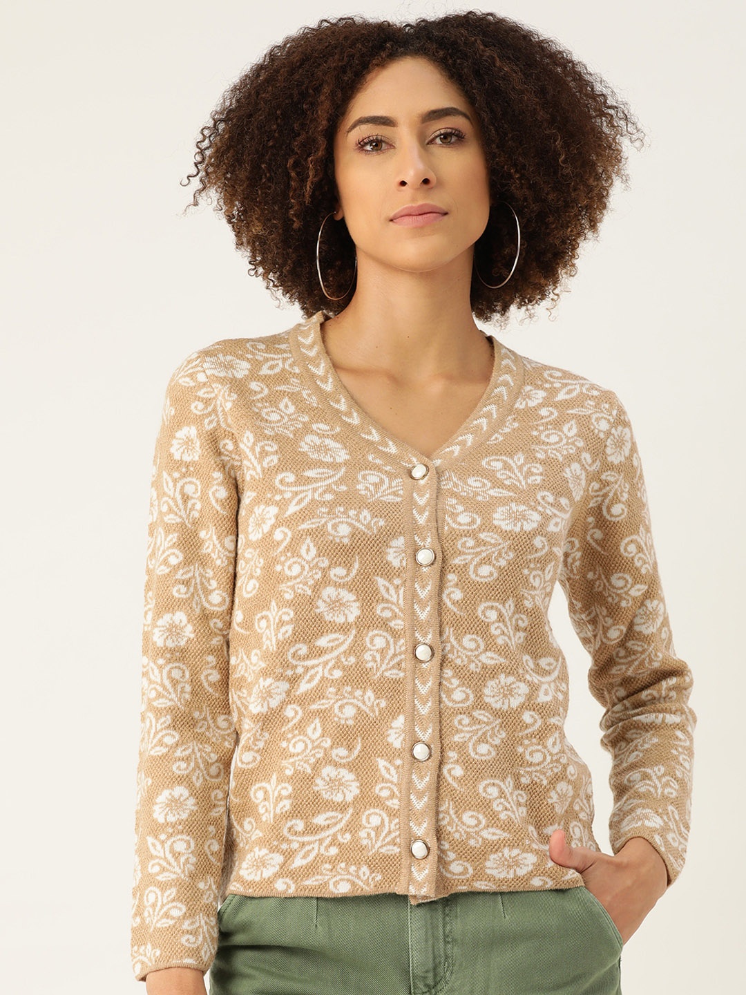 

Madame Women Beige & White Woven Design Floral Cardigan Sweater