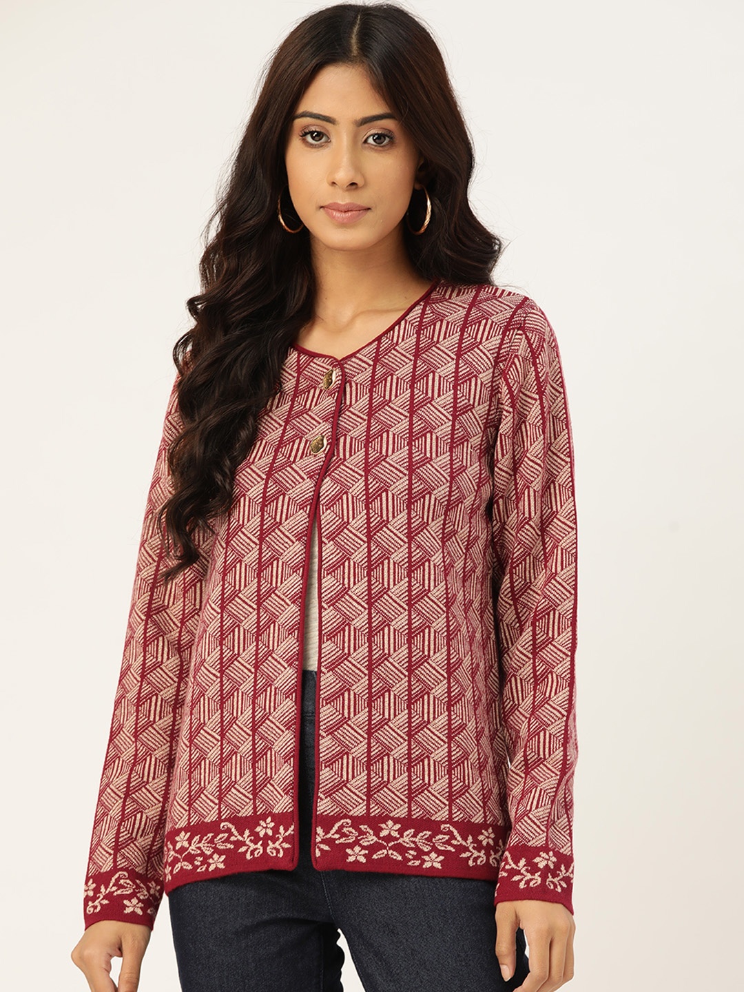 

Madame Women Maroon & Beige Self-Design Cardigan