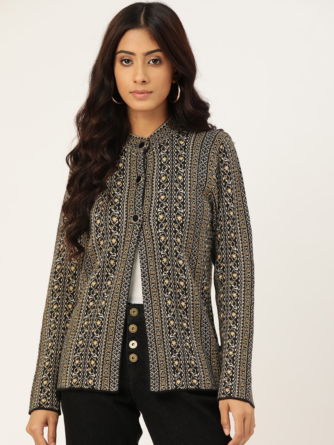 

Madame Women Black & Golden Self-Design Cardigan